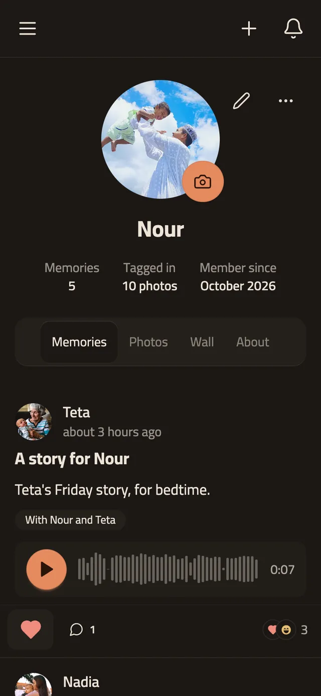 Famile on a phone: a child's profile, with every memory since day one