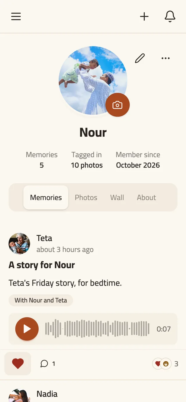 Famile on a phone: a child's profile, with every memory since day one