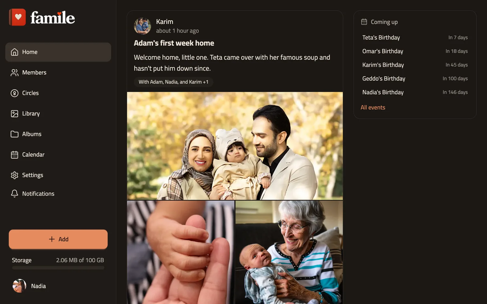 Famile on the web: the family's wall of memories, with photos, a voice note and reactions