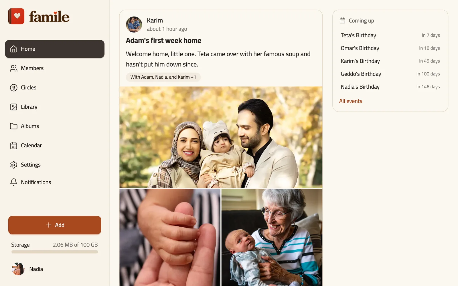 Famile on the web: the family's wall of memories, with photos, a voice note and reactions